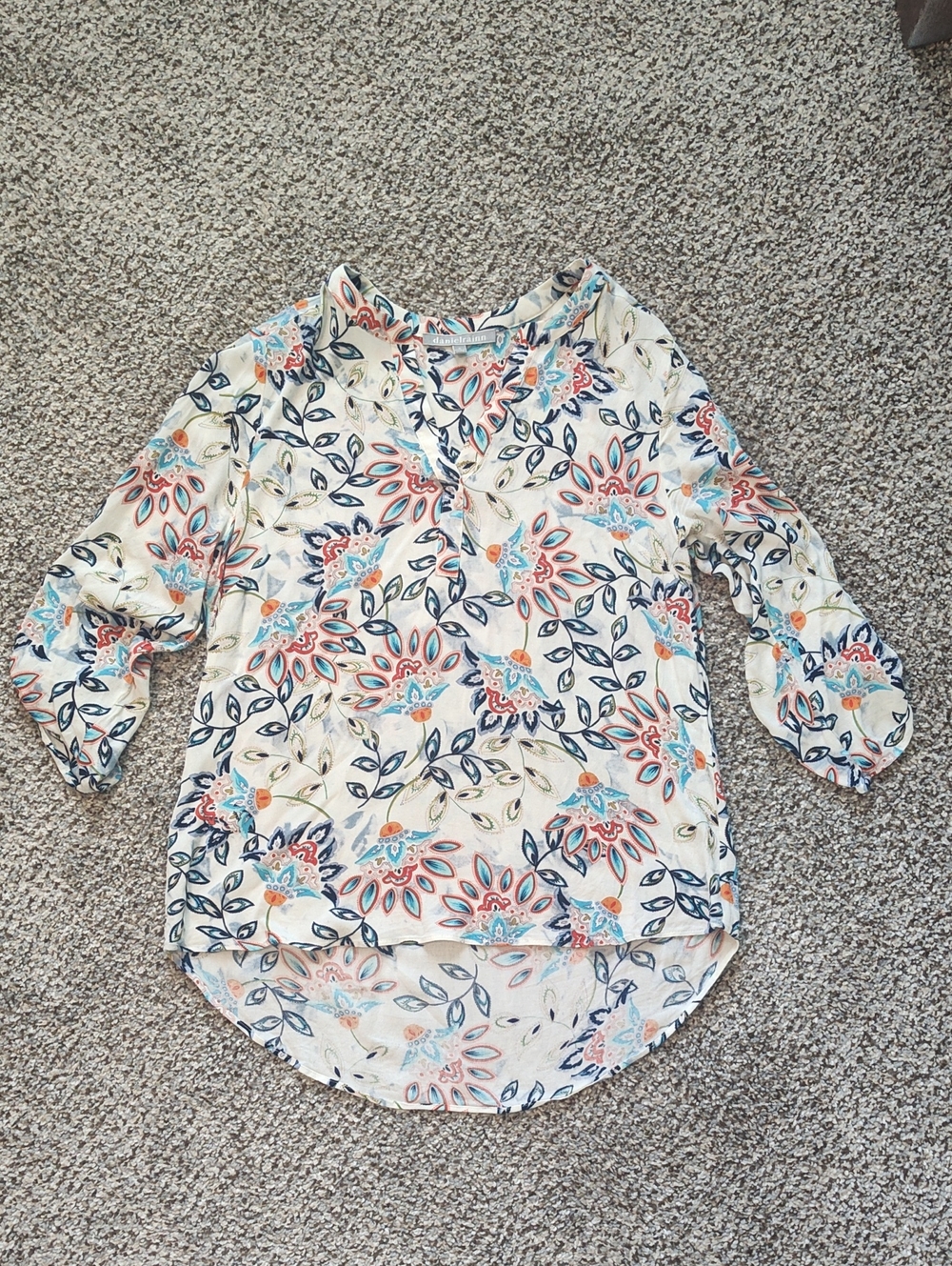Daniel Rainn Cream Tunic with Teal, Coral and Navy Floral Print